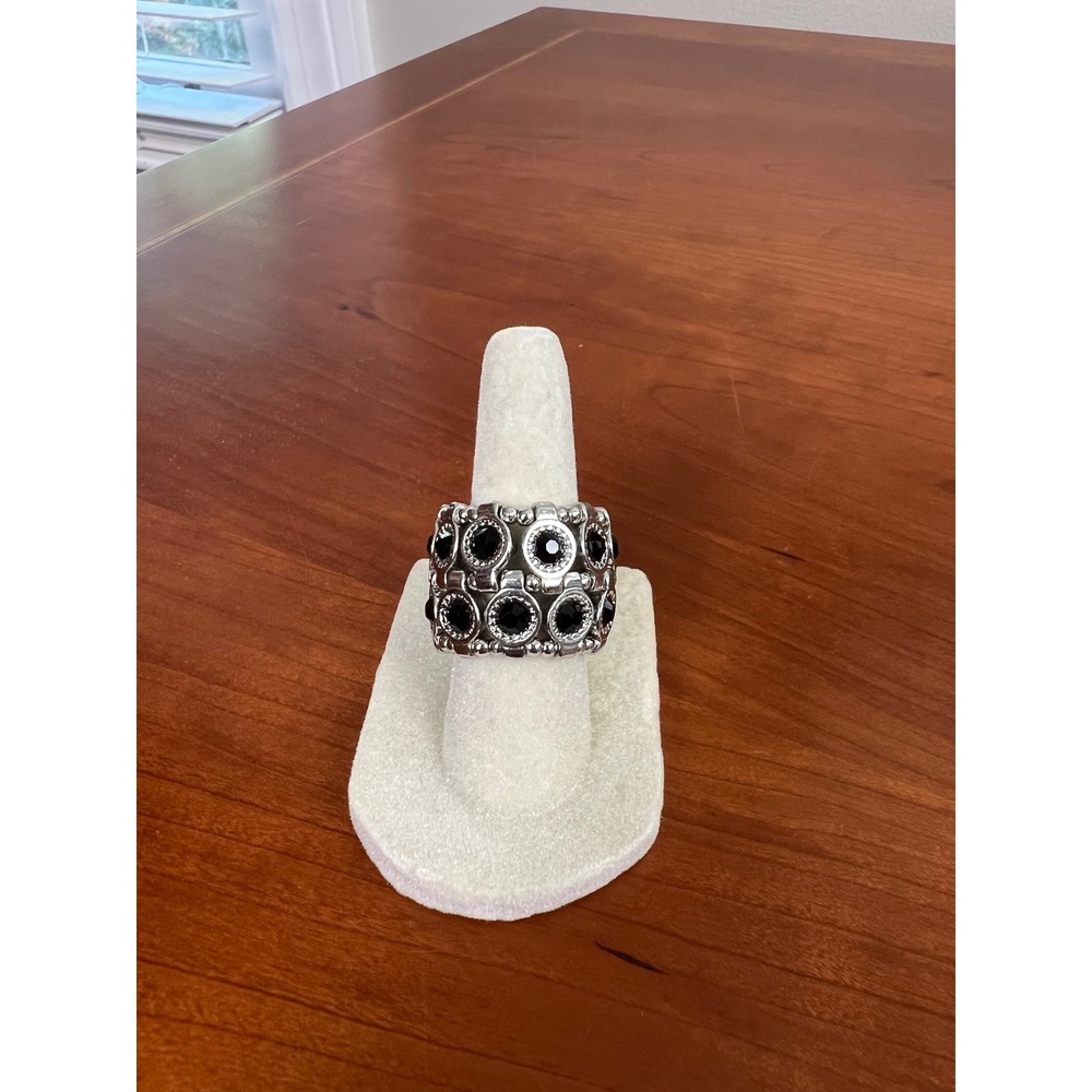 Silver Tone Black Gemstone Wide Band Stretch Ring Statement Jewelry Size 7